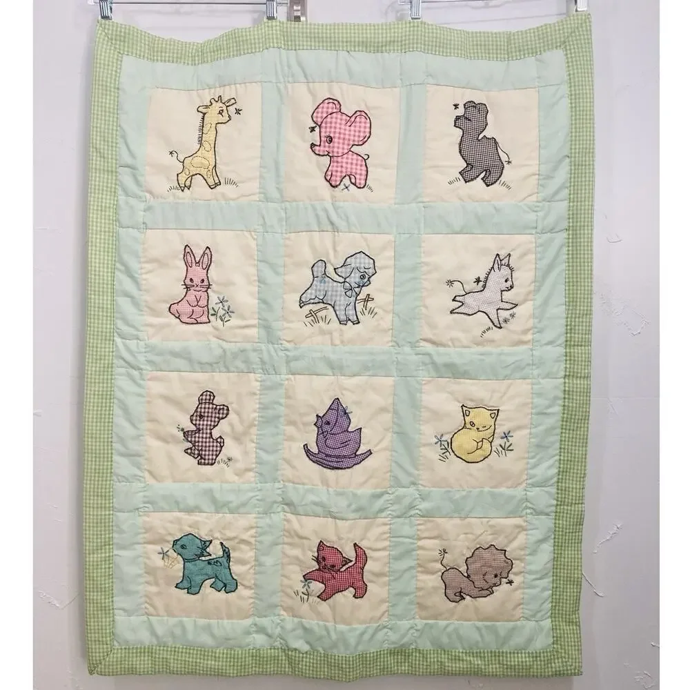 Vintage Hand Embroidered Applique Baby Quilt Blanket Wall Hanging Kitty Cat Lamb